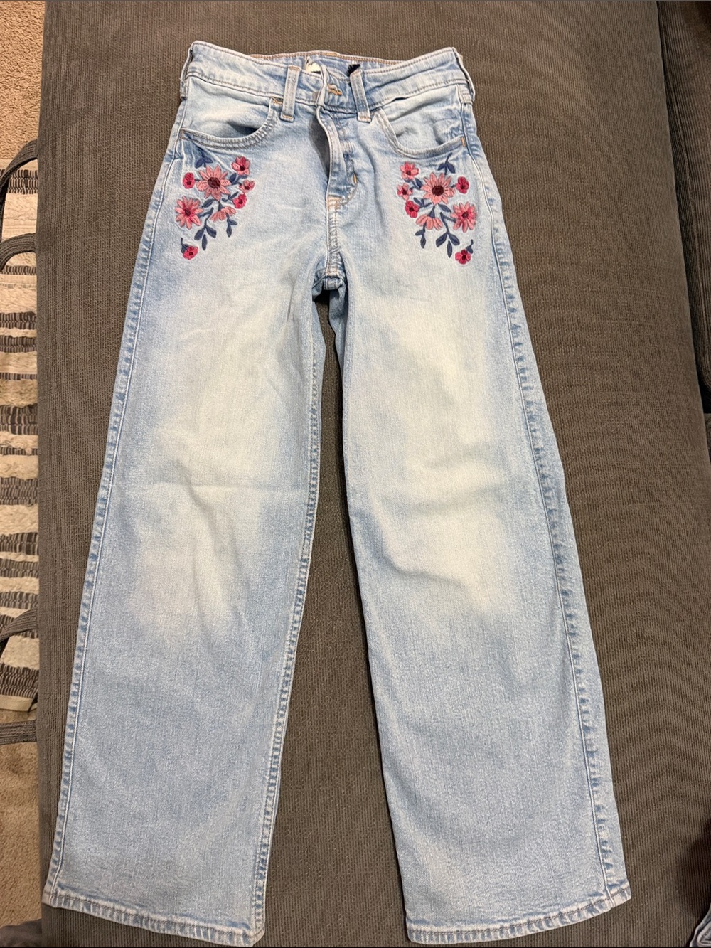 abercrombie kids Light Blue Wide-Leg Jeans with Pink Floral Embroidery